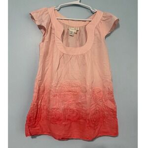 Studio M Women's S Coral Peach Floral Embroidered Flutter Sleeve Tunic 1035